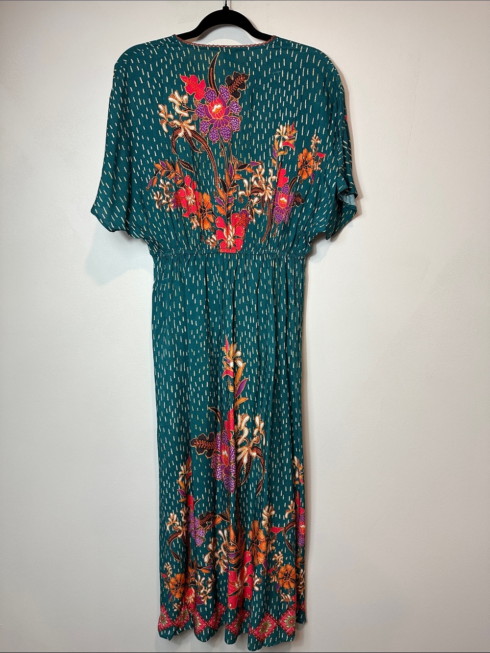 Anthropologie BL^NK London Boho Floral Midi Dress One Size Teal Smocked Waist - Picture 3 of 12